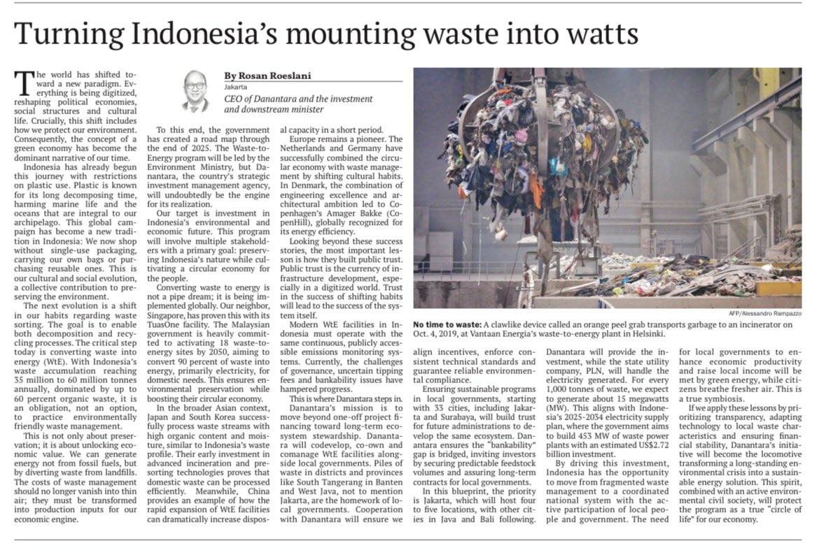 PSEL (pengolahan sampah menjadi energi listrik) menjadi salah satu prioritas Danantara.

Harga jual listriknya fixed $20 sen (~ Rp 3.200)/kWh ke PLN. Teknologi detailnya menunggu hasil lelang, kabarnya untuk 10 proyek pertama sudah ada 120an perusahaan yg apply.