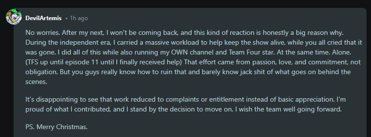 viking_gumball's tweet image. Heartbreaking to read. DevilArtemis confirms his departure from Death Battle, citing the toxic community as a main nail in the coffin. I hope everything works out for him.

Working on Death Battle should be a dream come true, but the community has turned it into a nightmare