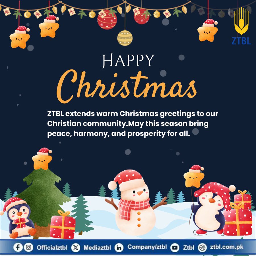 MediaZtbl's tweet photo. ZTBL extends warm Christmas wishes to our Christian community, celebrating the spirit of peace, harmony, and unity. #MerryChristmas
#ZTBL
#SeasonOfPeace
#HarmonyAndUnity
#InclusivePakistan https://t.co/O2fg4NMZ89