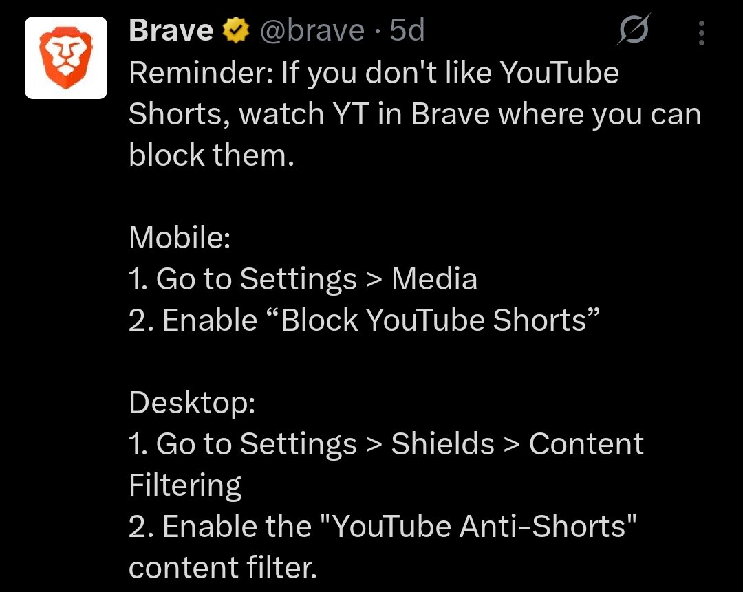 Cartidise's tweet image. Brave is single handedly saving us from AI slop, ads, and youtube shorts 

literally carrying the internet on its back