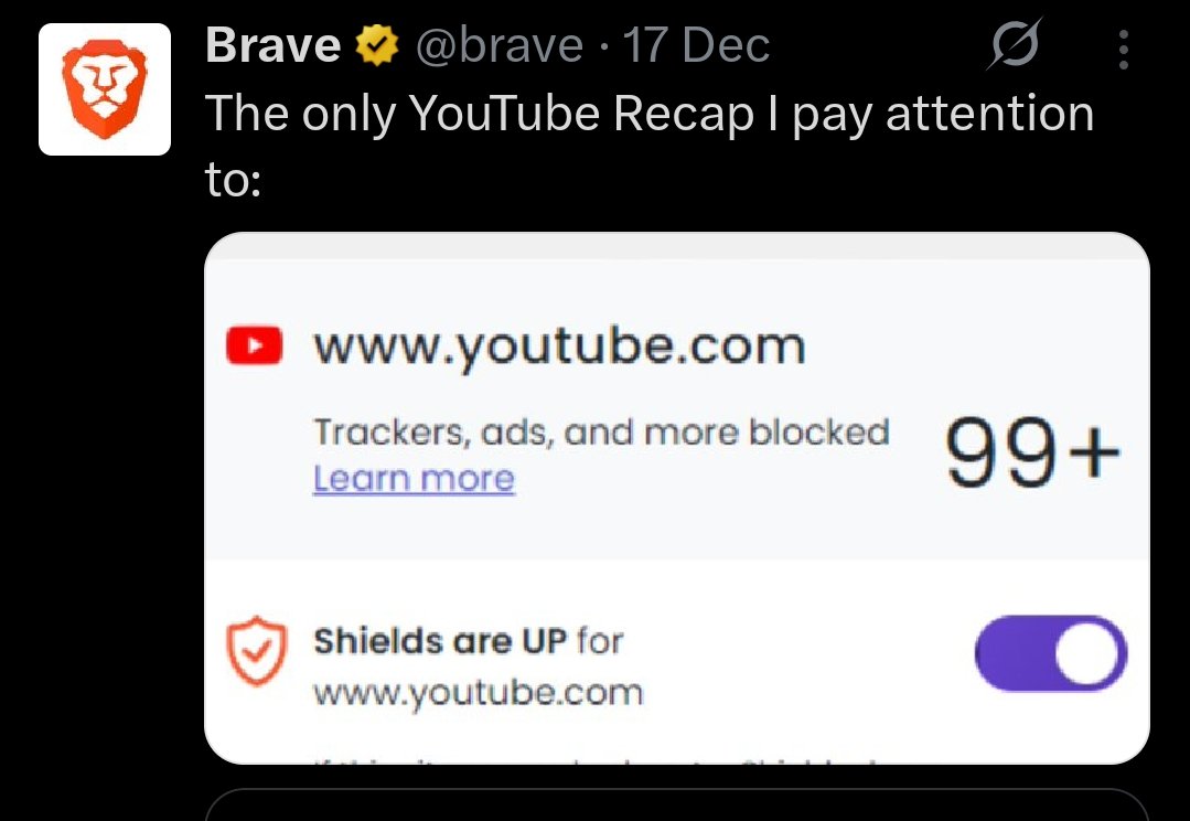 Cartidise's tweet image. Brave is single handedly saving us from AI slop, ads, and youtube shorts 

literally carrying the internet on its back