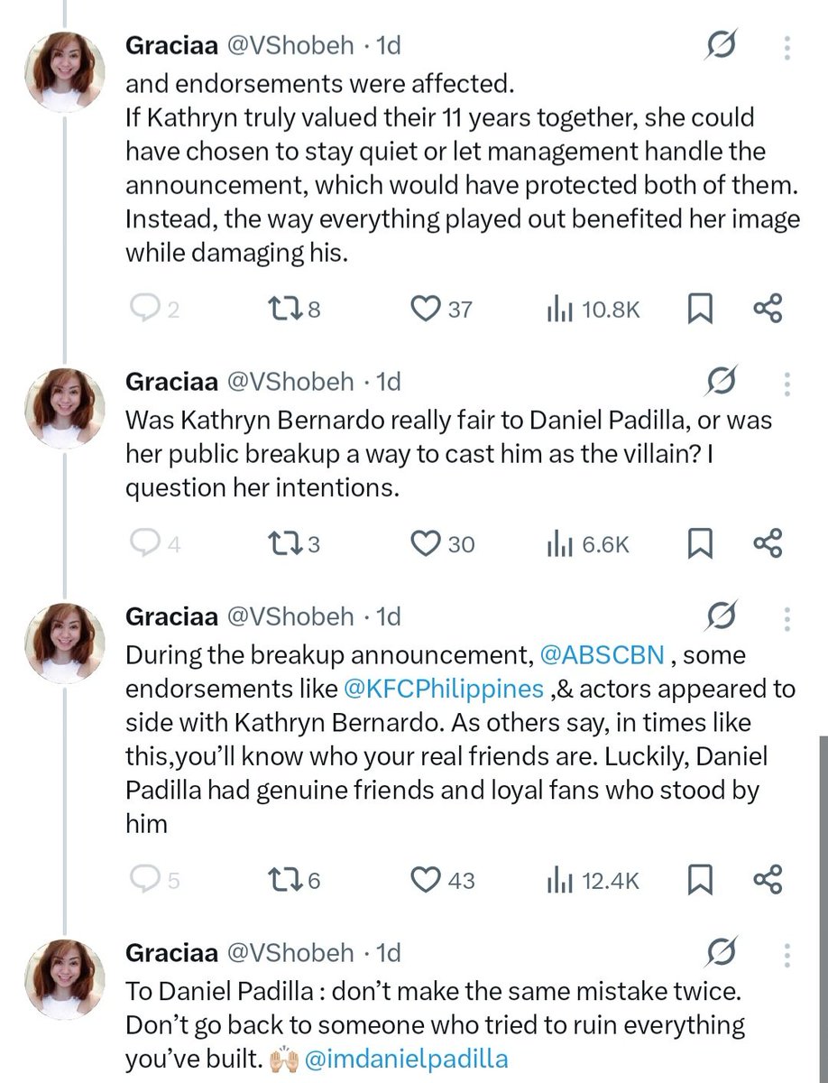 notyourelena's tweet photo. This entire thread bends over backwards to protect a known cheater while rewriting Kathryn Bernardo as the villain and that alone says everything.

You claim you “don’t care,” yet you wrote an essay blaming the woman who spoke her truth instead of the man whose cheating has been confirmed by multiple sources. Interesting priorities.

Kathryn didn’t accuse Daniel because she didn’t need to. Silence isn’t manipulation, cheating is. Public sympathy didn’t fall on her by accident, it happened because people recognized pain, not strategy. If Daniel’s image collapsed, that’s not because Kathryn cried, it’s because actions have consequences.

Calling honesty “revenge” and emotional expression “calculated” is textbook misogyny. You’re uncomfortable with a woman being human, so you label it malicious. Meanwhile, the man who betrayed an 11-year relationship is reduced to a “mistake.”

Also, let’s stop pretending there’s a “perfect breakup manual.” No joint statement is required to protect a cheater’s reputation. Kathryn owed him nothing especially not silence to save his brand.

This isn’t critical thinking. This is selective outrage, revisionism, and blatant cheater apologia. You didn’t analyze the situation, you twisted it to fit a narrative where the woman must be punished for reacting, and the man must be shielded from accountability.

If that’s your hill, stand on it but don’t dress it up as fairness or logic. @VShobeh 🤮