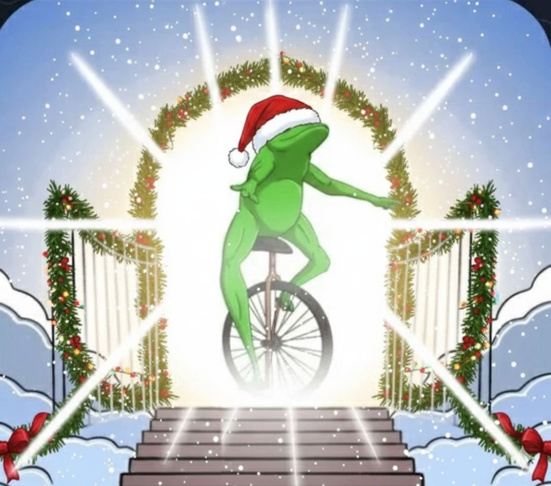 DatBoiPepeKlr's tweet image. Merry Christmas from the one true frog 🎄✨ He rolled in through the snowclouds on pure meme magic. The gate is open. The legend returns. 🐸🚴‍♂️ #DatBoi #MemeMas #DATBOI