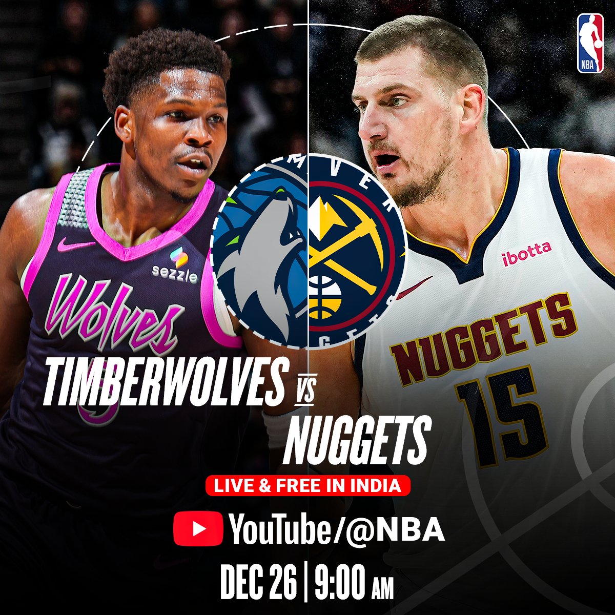 NBAIndia's tweet image. Christmas hoops roll on with Timberwolves vs Nuggets! Catch the action LIVE &amp;amp; FREE in India on YouTube/@NBA 🏀🎄

📅 Dec 26 | 9:00 AM IST 📺 youtube.com/live/sKd7Zum4t…
#YouTubeLIVE #NBAIndia