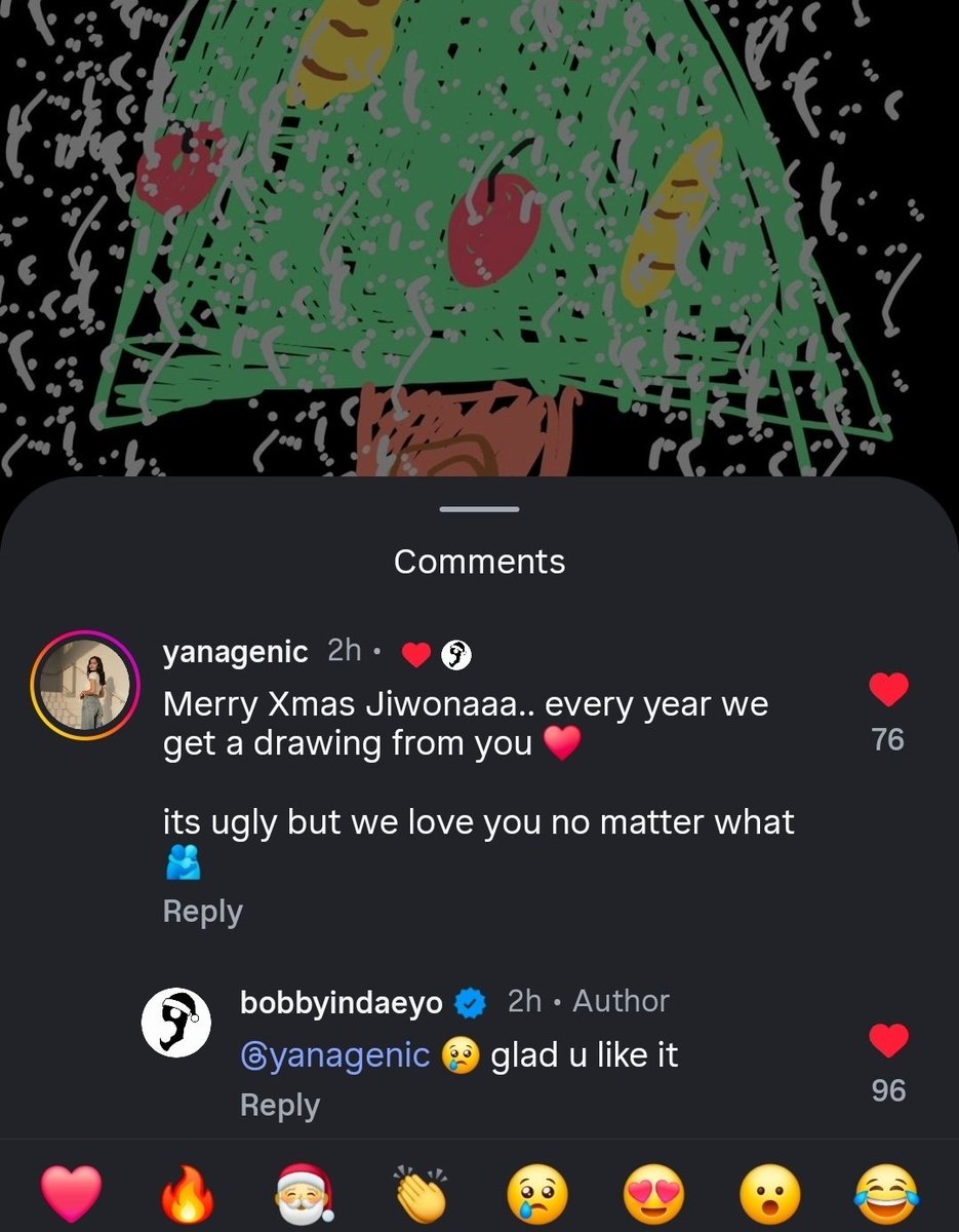 bobby posts his own drawing on ig every year to wish Jesus a happy birthday 🎄✨🤍 and someone commented (😭😭😭😭):

💬: merry xmas jiwonaaa.. every year we get a drawing from u ❤️ its ugly but we love u no matter what 🫂
🐰: 😢 glad u like it