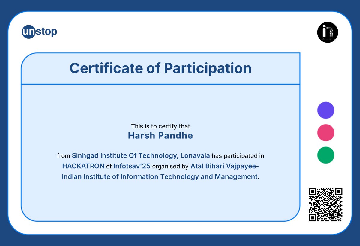 HarshPandhe's tweet photo. Certified &amp; Verified at #Infotsav25! 📜✅

Traveled from Pune to Gwalior to pitch CityConnect with Team Beyond Logic.

No trophy this time, but the 48-hour grind &amp; networking at IIITM were pure ROI. We build, we learn, we move.

#Hackathon #SITLonavala #Blockchain https://t.co/uydOMxAuka