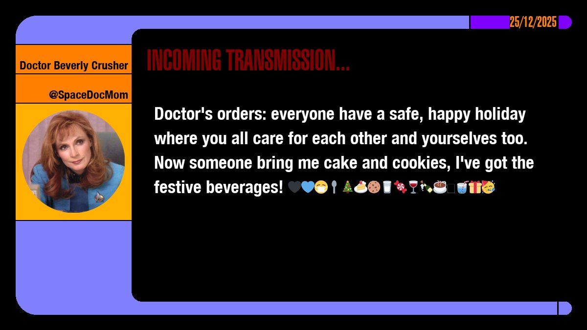 SpaceDocMom's tweet image. Doctor's orders: everyone have a safe, happy holiday where you all care for each other and yourselves too. Now someone bring me cake and cookies, I've got the festive beverages! 🖤💙😷🥄🎄🍰🍪🥛🍬🍷🍾☕️🥤🎁🥳