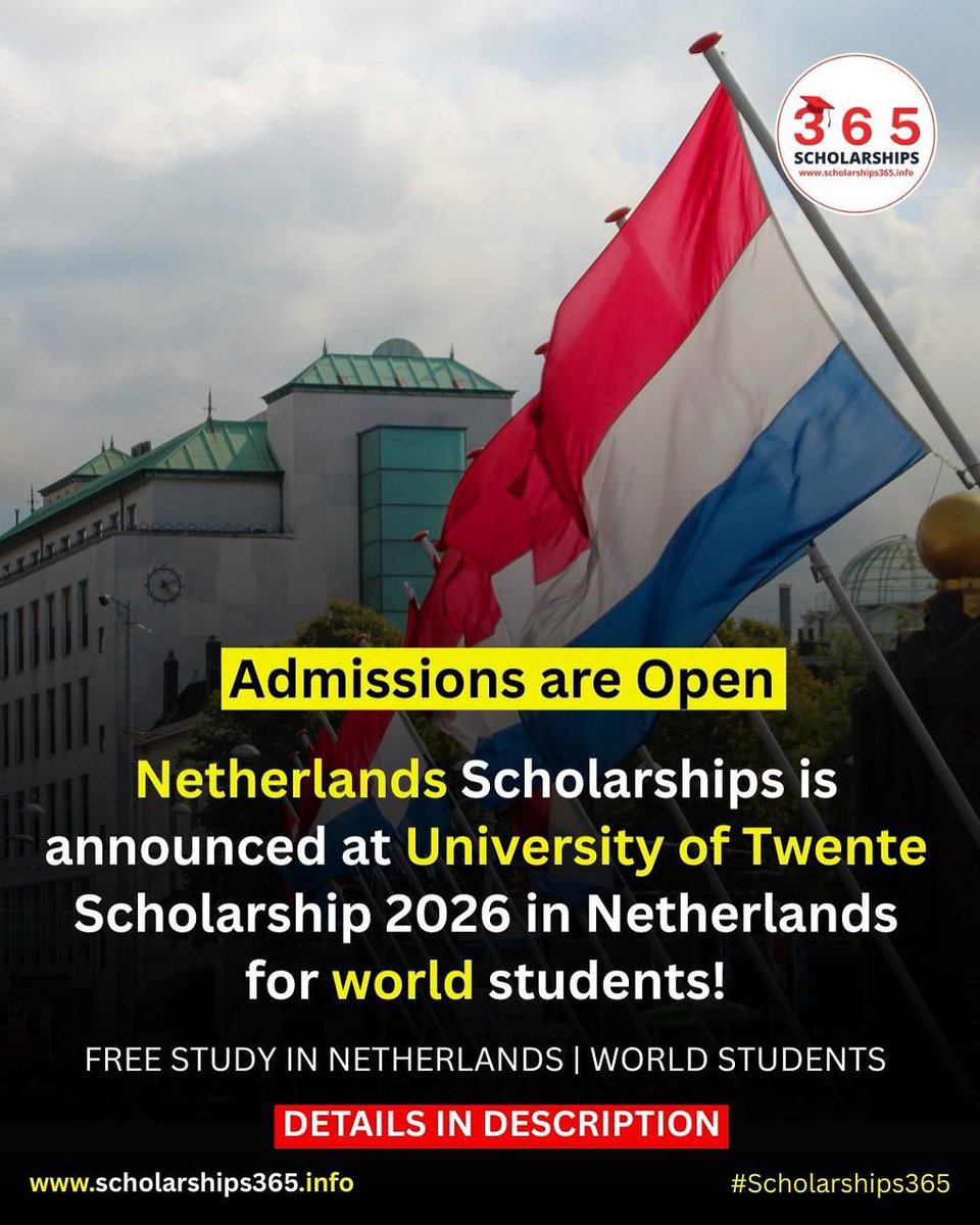 PantamiFound's tweet image. University of Twente Scholarships 2026 | Netherlands

Applications are open for the University of Twente Scholarships 2026, available to international students across multiple degree programmes.

Key Details:

- Host Country: Netherlands

- Degree Levels: Multiple programmes

-…