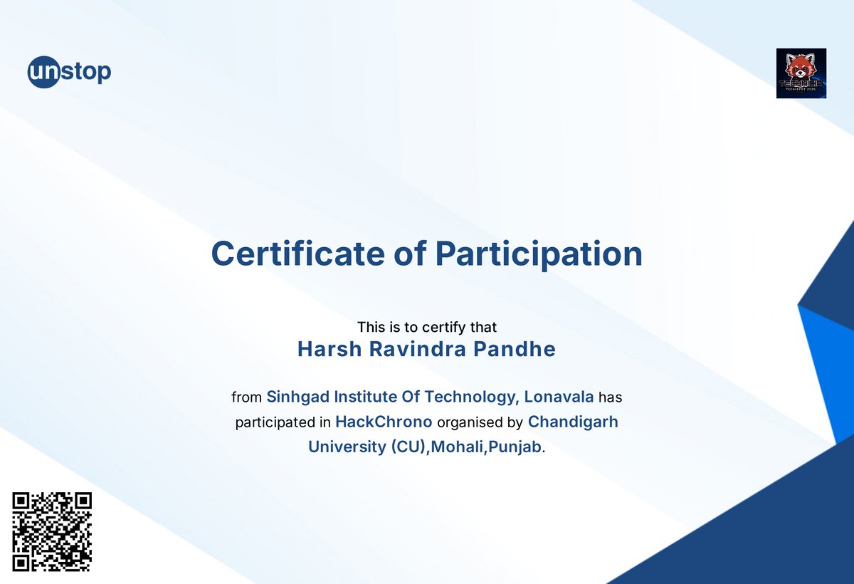 HarshPandhe's tweet photo. Another rep, another badge. 📜✅

Participated in #HackChrono organized by Chandigarh University via @Unstop.

Representing SIT Lonavala and keeping the momentum alive. Whether we win or learn, we always build. 🚀

#Hackathon #SITLonavala #ChandigarhUniversity #Unstop #Tech https://t.co/9LW2MKmStb