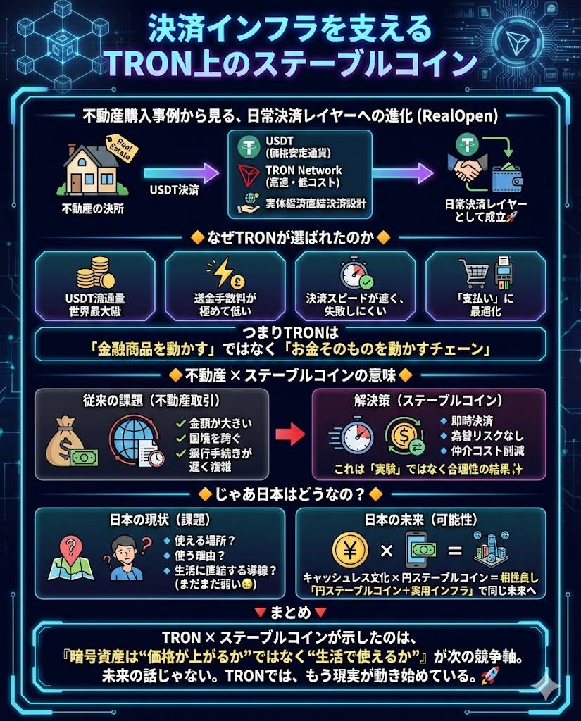 aloha_sullivan's tweet photo. 🚀🚀 #TRONGlobalFriends 🚀🚀
❖━━━━━━━━━━━━━━❖
決済インフラを支える
#TRON 上のステーブルコイン
❖━━━━━━━━━━━━━━❖
#RealOpen はTRON上のUSDT(ステーブルコイン)を使って不動産の購入が実際に行われる事例を発表しています☝️
これは単純に「暗号資産で不動産が買えた」という話だけではありません
本質は👇
🔹 USDTという“価格が安定した通貨”
🔹 高速・低コストで動くTRONネットワーク
🔹 実体経済(不動産)と直結した決済設計
この3点が揃ったことでステーブルコインが日常決済レイヤーとして成立したという事実です🚀
🔶なぜTRONが選ばれたのか🔶
🔹USDT流通量が世界最大級
🔹送金手数料が極めて低い
🔹決済スピードが速く、失敗しにくい
🔹DeFiだけでなく「支払い」に最適化されている
つまりTRONは
「金融商品を動かすチェーン」ではなく
「お金そのものを動かすチェーン」として使われています✨
🔶不動産 × ステーブルコインの意味🔶
不動産取引は
✔️ 金額が大きい
✔️ 国境を跨ぐ
✔️ 銀行手続きが遅く複雑
だからこそ
🔹即時決済
🔹為替リスクなし
🔹仲介コスト削減
を実現できるステーブルコインは最も相性が良いユースケース✨
これは「実験」ではなく合理性の結果として起きている導入です
🔶じゃあ日本はどうなの?🔶
日本でも法整備は着手されつつありますが…
🔹使える場所
🔹使う理由
🔹生活に直結する導線
はまだまだ弱いですよね🥺
でも本来、日本のキャッシュレス文化 × ステーブルコインは相性がかなり良いはずなんです
送金、決済、将来的な高額取引まで「円ステーブルコイン+実用インフラ」が整えば同じ未来が来る様に思います
🔻まとめ🔻
TRON × ステーブルコインが示したのは
『暗号資産は“価格が上がるか”ではなく
“生活で使えるか”』が次の競争軸だということ示しているのではないでしょうか
未来の話じゃない。
TRONでは、もう現実が動き始めている。
@justinsuntron
@trondao @TronDao_JPN