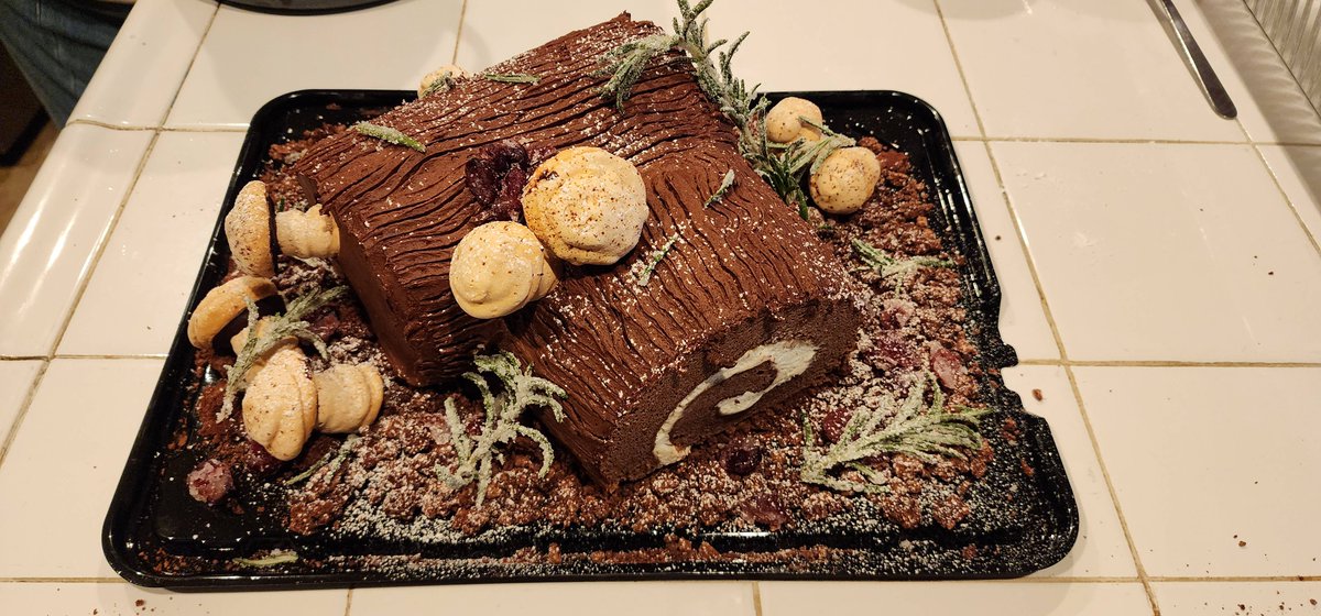 Merry Christmas yall, I'm back with a rare baking pic.
It's a Bûche de Noël (or Yule Log).  

It turned out amazing 😁