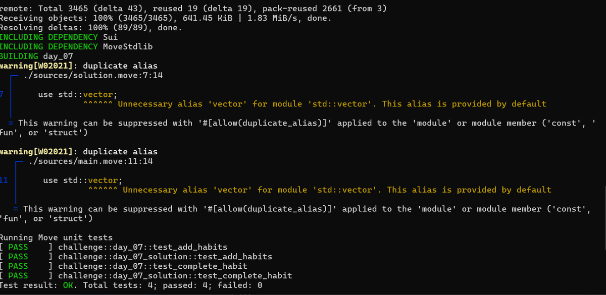 Day 7 / 21 #SuiChallenge ✅
First week: OFFICIALLY DONE! 🚀

Reached a major milestone today with 100% Unit Test coverage (4/4 passed). 🧪

Week 1 Summary:

Ownership &amp; Structs 🏗️

Vectors &amp; Strings 📝

Unit Testing with assert! 🛠️

#Sui #MoveLanguage #Web3 #Blockchain #developer