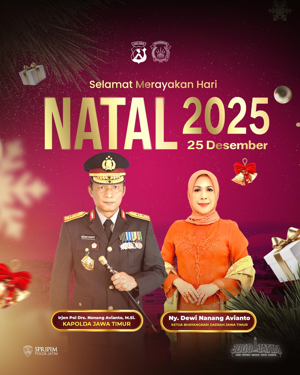 Kepala Kepolisian Negara Republik Indonesia Daerah Jawa Timur Irjen Pol Drs. Nanang Avianto, M.Si., Beserta Staf dan Jajaran Mengucapkan Selamat Merayakan Hari Natal 

25 Desember 2025

Jaga Keamanan Hari Suci Natal, Komitmen Polri #SemangatNatal2025
Christmas