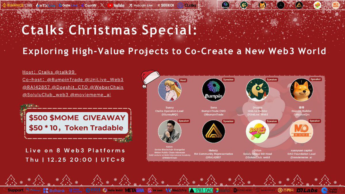 🔥 Ctalks Christmas Special — 8-Platform Livestream Is Coming!
🎙 Exploring value-driven projects together and co-building a new Web3 world

🎁 $100 in $WEN Giveaway — 10 Winners, $10 Each!
($WEN is tradable)

How to participate:
✅ Like &amp; retweet
✅ Follow
<a href="/talk99/">Ctalks</a> <a href="/BumpinTrade/">BumpinTrade（ Ambassador Wanted）</a>