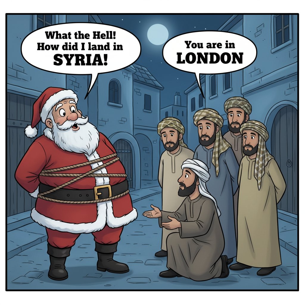 SoulofHindus's tweet image. Santa’s face when your sleigh’s GPS reroutes mid-flight and the locals hit you with: 

Santa : “What the Hell! How did I land in SYRIA?!”

People: “You are in LONDON.”

Moral of the story: never trust holiday directions at 2AM. 🎅🏻🗺️ 

#ChristmasMeme #SantaProblems…