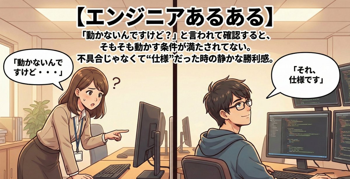 humanetech_it's tweet photo. 【エンジニアあるある】

「動かないんですけど？」と言われて確認すると、そもそも動かす条件が満たされてない。

不具合じゃなくて“仕様”だった時の静かな勝利感。 https://t.co/FNQDKtcTLn