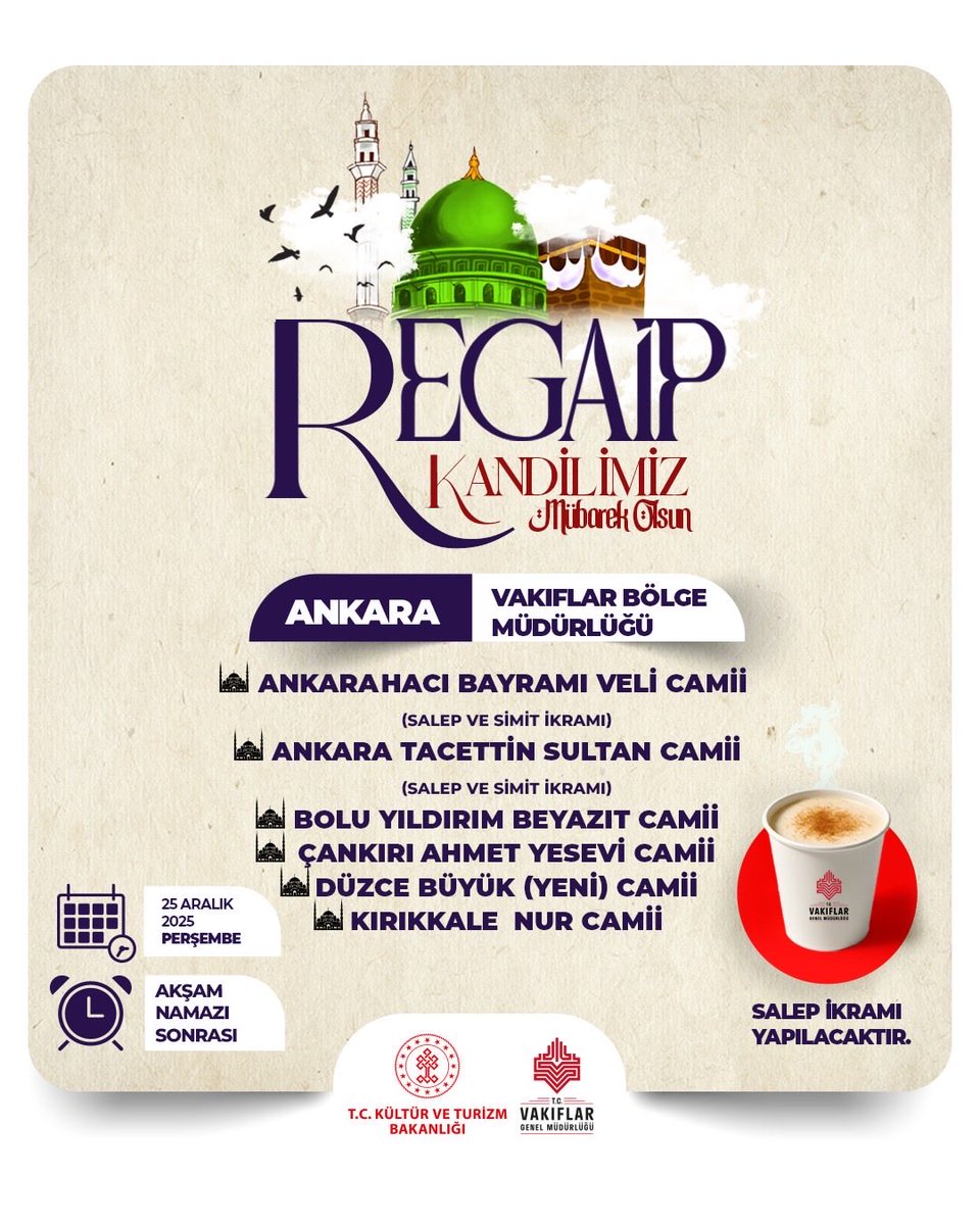 Bugün idrak edeceğimiz, üç ayların müjdecisi, bereket ikliminin habercisi Leyle-i Regaibimiz mübarek olsun. 
İdrake, arınmaya, mağfirete, tüm insanlık için iyiliklere, güzelliklere vesile olmasını temenni ederek bugün gerçekleştireceğimiz programlarımıza teşriflerinizi dileriz.