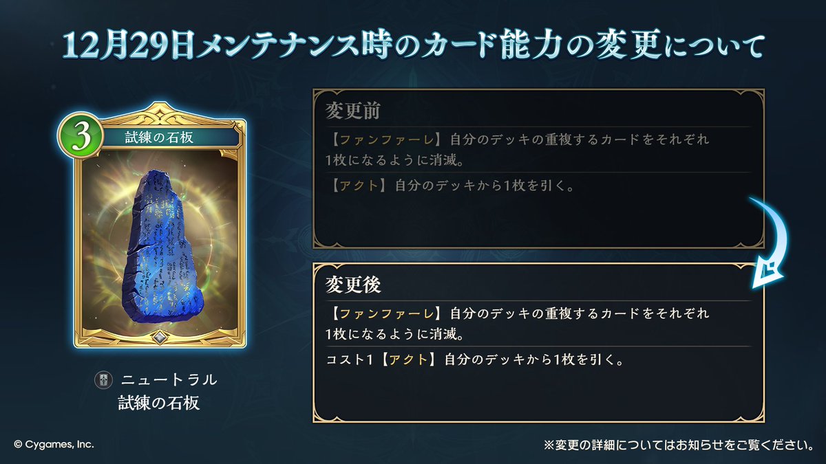 【カード能力変更】
12/29のメンテナンス時に「試練の石板」のカード能力を変更いたします。

▼詳細はこちら
shadowverse-wb.com/ja/news/detail…

#シャドバWB