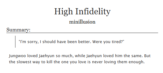 High Infidelity // #JAEWOO fic    

ღ Teen and Up Audiences   
ღ 2.8k Words   
ღ No Archive Warnings Apply  
ღ Jaewoo Fic Fest Round 1
ღ archiveofourown.org/works/76114546