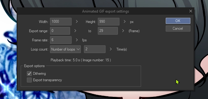 สำหรับคนที่ใช้ Clipstudio paint บ้าง
- เปิดภาพที่ต้องการ เรียกหน้าต่าง Timeline ขึ้นมา
- เลือก New timeline 
- ไม่ต้องทำอะไรแล้ว Export animated GiF 
- กด OK แล้ว ได้เลย