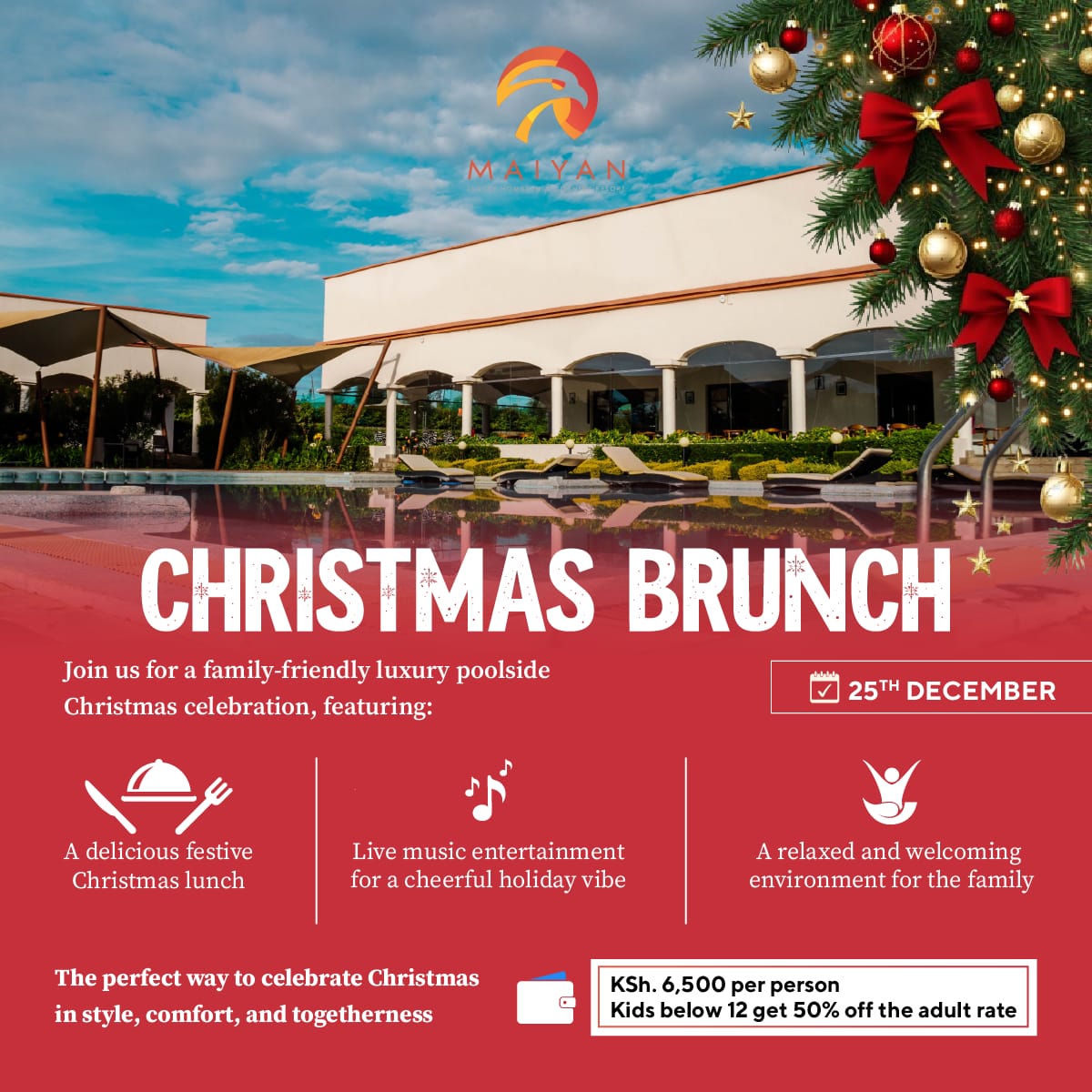 What better way to celebrate Christmas in style, comfort, and togetherness than brunching with your family and loved ones. 

Join us today for a family-friendly luxury poolside Christmas celebration, featuring:
*A delicious festive Christmas brunch
* Live music entertainment for