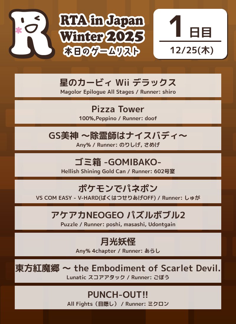 RTAinJapan's tweet image. RTA in Japan Winter 2025
1日目のゲームはこちらです。

◆スケジュール
horaro.org/rtaij/rtaijw20…

◆配信
twitch.tv/rtainjapan

◆直接寄付及び投票
donate.rtain.jp

#RTAinJapan