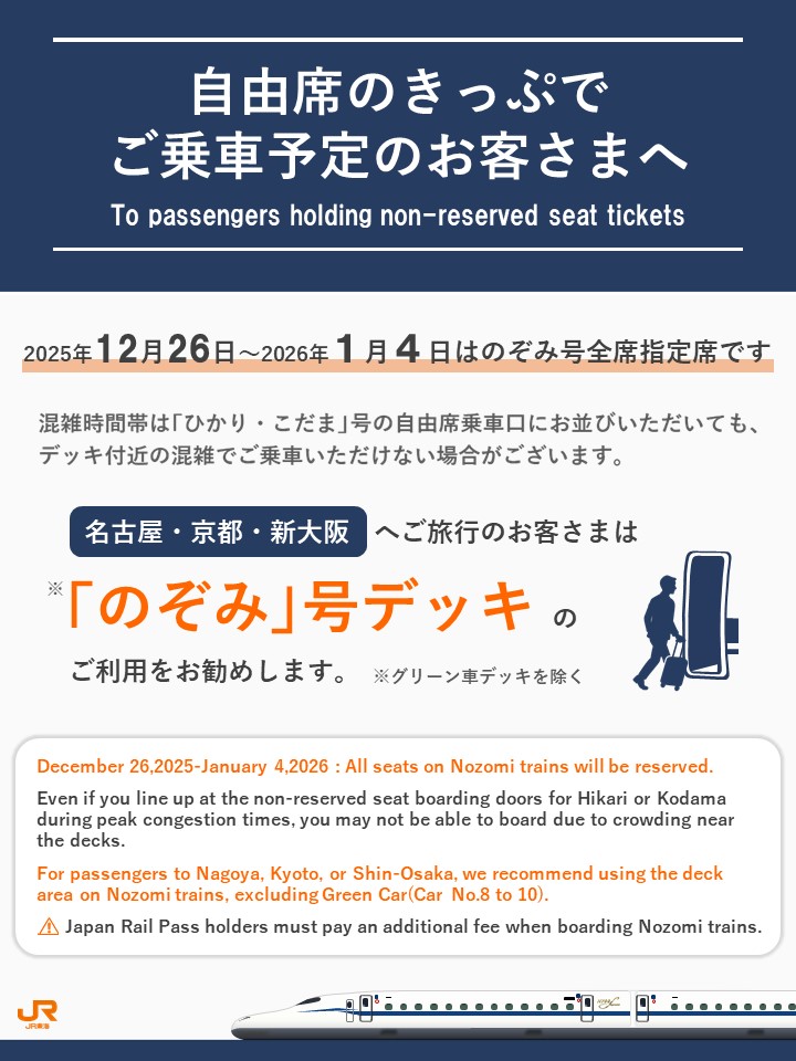 2025年12月26日(金)～2026年1月4日(日)は、のぞみ号全席指定席につき 