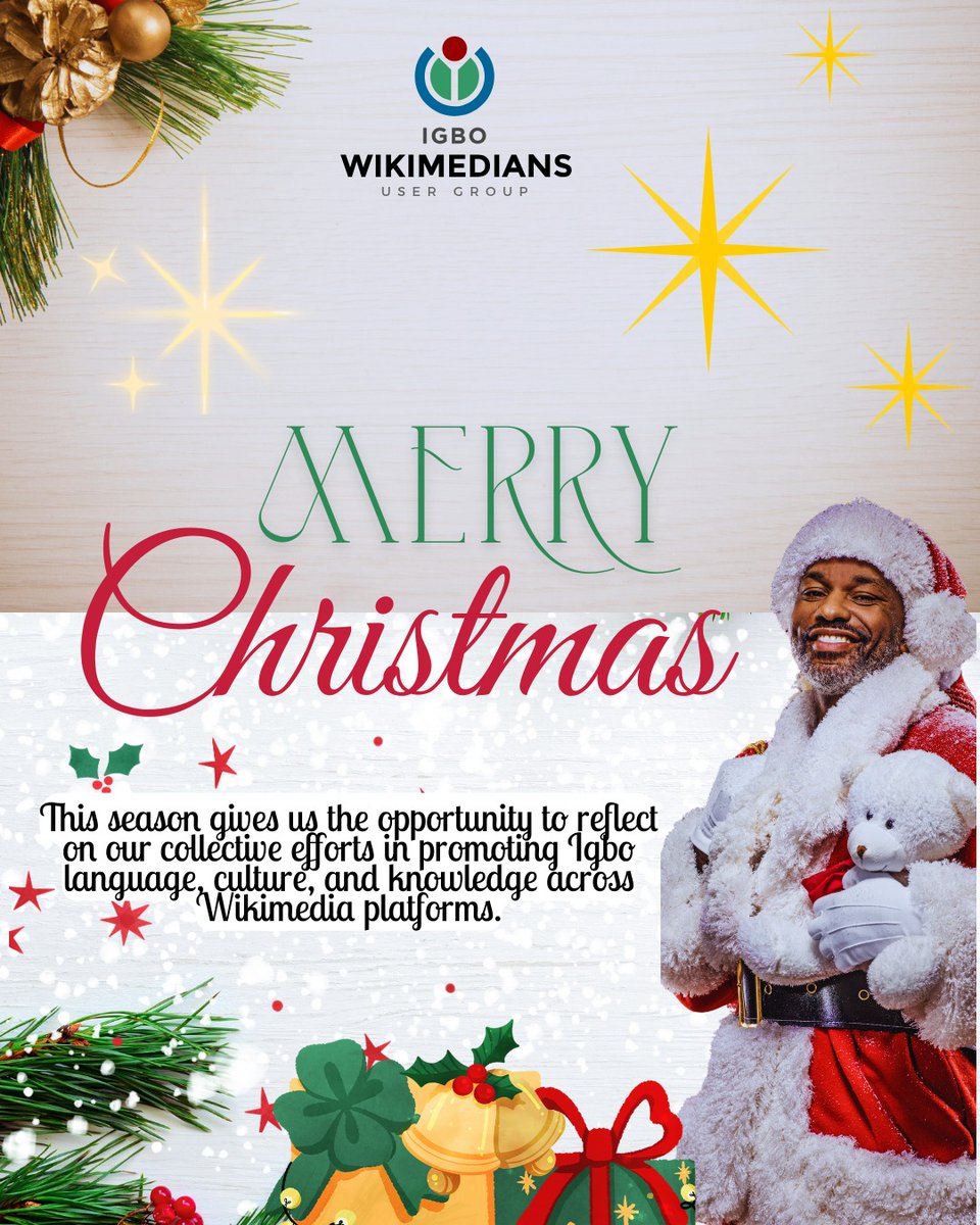 wikimediaigbo's tweet image. EKELE OGE EMUME EKERESIMESI (SEASON'S GREETINGS)

Ndewo!
Anyi na ekene ohaneze na ndị Wikimedia niile.

Dịka anyị na-enwe ọñụ na udo nke oge ekeresimesi, anyị na-ekele ndị Wikimedian ọ bụla na ndị Igbo niile. Ka ekeresimesi a wetaara unu udo, olile anya #SeeThread