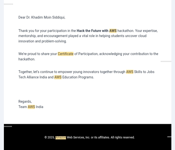 siddiquikhadim's tweet photo. Honoured to receive a Certificate of Participation from @AWS_Edu for “Hack the Future with AWS” hackathon.

Glad to contribute as a mentor, supporting young innovators exploring cloud tech &amp; problem-solving with AWS! ☁️💡

#AWS #HackTheFuture #Innovation #CloudComputing https://t.co/buNLchsbkw