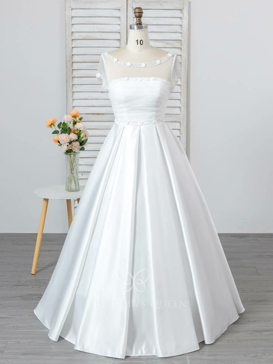 VQ_dresses's tweet photo. Stylish illusion neck, sheer short sleeve, 3D flower embellishment at the waist and the bodice, ivory pleated satin skirt floor-length ball gown spring/fall/winter modern wedding dress, sheer back with keyhole details.
#weddingdress #spring #shortsleeve #satin #ballgown #VQ https://t.co/fsCB2dp61Y