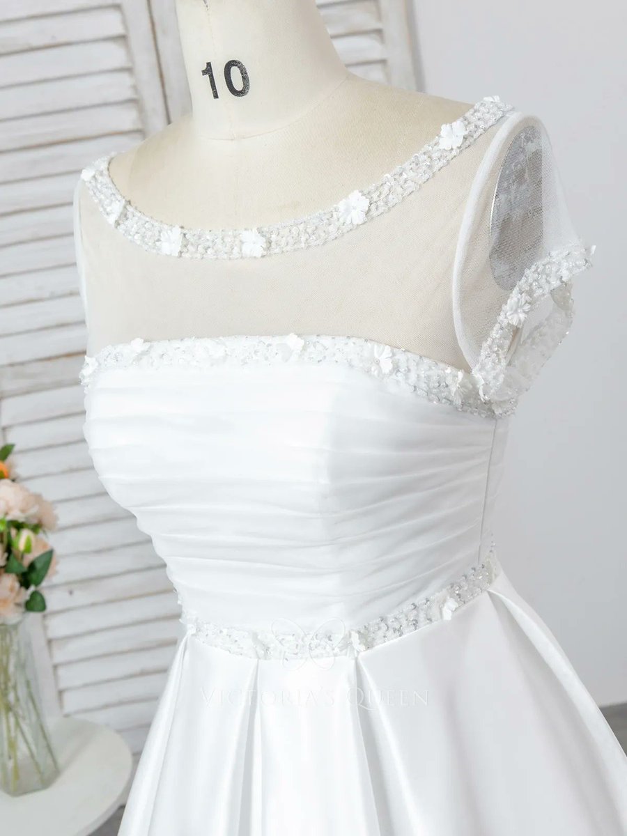 VQ_dresses's tweet photo. Stylish illusion neck, sheer short sleeve, 3D flower embellishment at the waist and the bodice, ivory pleated satin skirt floor-length ball gown spring/fall/winter modern wedding dress, sheer back with keyhole details.
#weddingdress #spring #shortsleeve #satin #ballgown #VQ https://t.co/fsCB2dp61Y