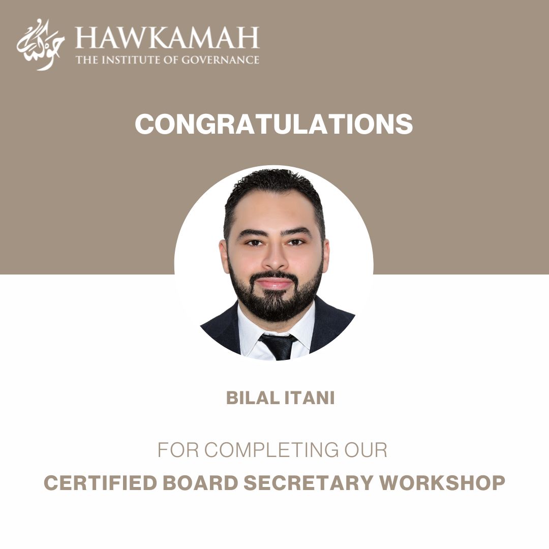 Congratulations <a href="/Bilal/">Bilal</a> Itani on successfully completing the Certified Board Secretary Workshop. This achievement reflects your commitment to advancing governance practices and strengthening board operations.

Wishing you continued success in your professional journey.