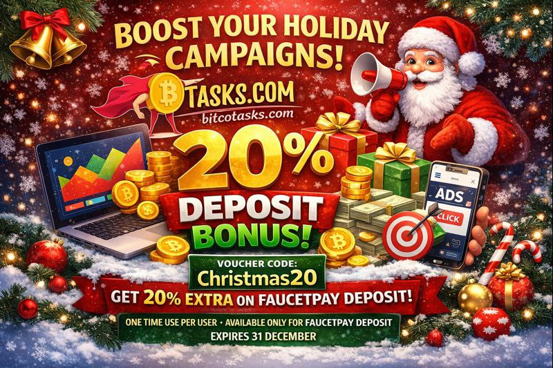 TasksBitco's tweet photo. 🎄 Bitcotasks Xmas Deal!
+20% deposit bonus 🎁

Code: Christmas20
FaucetPay only · 1x/user · Expires Dec 31
#ChristmasDeals #Advertisement #Bonus

👉 https://t.co/DmmS1ZRE6e https://t.co/eiduD5E5xS