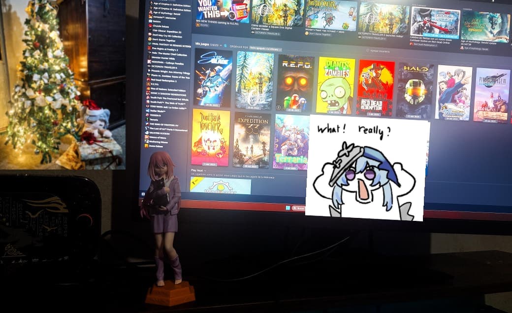 Ya hace tiempo que no me doy mi vuelta por acá,  pero les deseo una feliz navidad a ustedes mis mutis✨️🫶✨️🎄
Pasenla muy bonito, para rellenar dejo fotito de algunos jueguitos para mi recién revivida cuenta de steam y la figurita que me dieron en mi intercambio navideño✨️