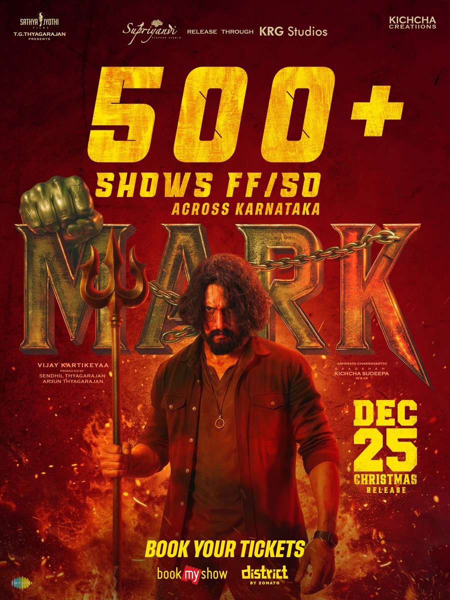 KRG_Studios's tweet photo. Karnataka is witnessing PURE #MARK MANIA 👊🦁
500+ FF/SO Shows, this is a RAMPAGE 🔥
Book your tickets now 🎟️
Book My Show: https://t.co/WomZo0lfqm
District:
https://t.co/pmT4btHvjD
#MARKonDec25 #MARKTheFilm #MARK #MARKMania
@KicchaSudeep @VKartikeyaa @AJANEESHB @gurusoms https://t.co/znvjII0prZ