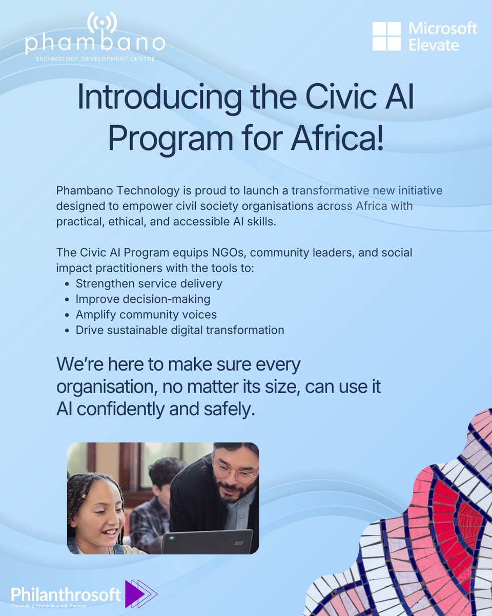 Phambano launched an initiative to empower civil society organisations with practical and ethical AI skills.AI should be a force for good, accessible to all NPOs.

🌍 Ready to empower your civil society with AI?

Register: buff.ly/9tXbNT8

#CivicAI