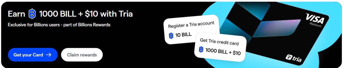 AZ1Z1M's tweet image. Billions users might want to check this.

Register a @useTria card and get 1000 BILL plus $10 through the Billions rewards program. Straightforward flow, no extra steps.

Register Tria
 app.tria.so/?accessCode=QP…

Claim your @billions_ntwk BILL
 signup.billions.network