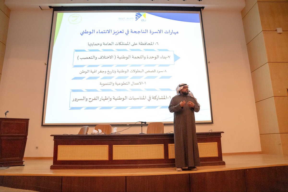 BahaUniversity's tweet photo. #تغطية | #جامعة_الباحة |
سعيًا لتعزيز الوعي الفكري وترسيخ القيم الوطنية ، نظّمت وحدة التوعية الفكرية دورة تدريبية لموظفي الجامعة بعنوان « دور الأسرة في غرس مفهوم الانتماء للوطن »، قدّمها رئيس قسم المناهج وطرق التدريس بكلية التربية د. عبدالرحمن العلياني ، وذلك على مسرح الشيخ سعيد العنقري .