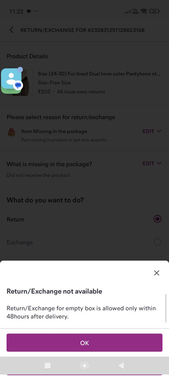 Rosh__it's tweet photo. @Meesho_Official @meesho_support Now what is this?? I've raised my return request for missing product within 48hrs that tym you guys sceduled a pickup date now you're saying that I've not raised request within 48hrs so you will not take the return request? https://t.co/DNXJfQRDZa