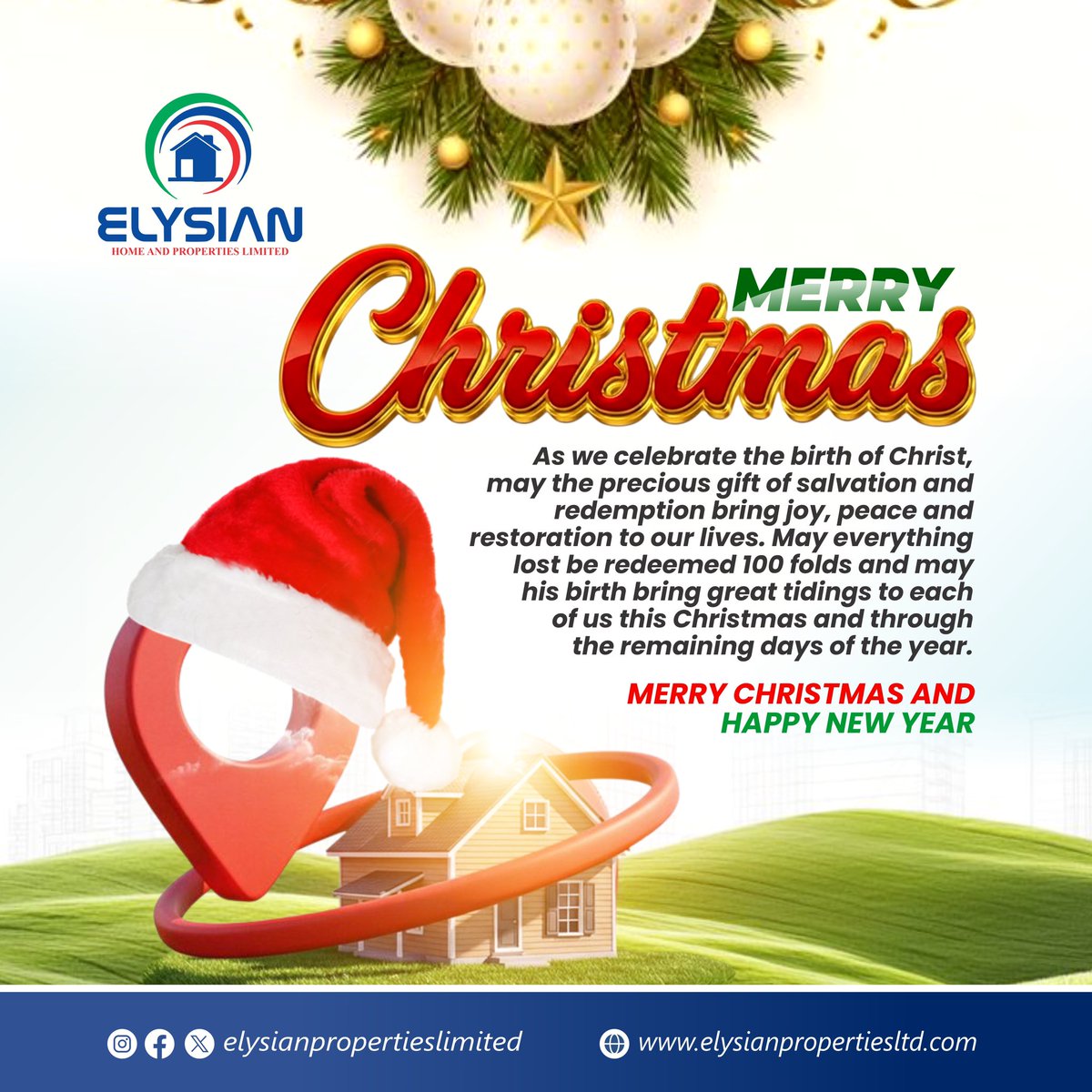 elysianproltd's tweet photo. SEASON GREETINGS 
As we celebrate the birth of Christ, may the precious gift of salvation and redemption bring joy, peace and restoration to our lives.

MERRY CHRISTMAS AND
HAPPY NEW YEAR https://t.co/C64Kdzti8E