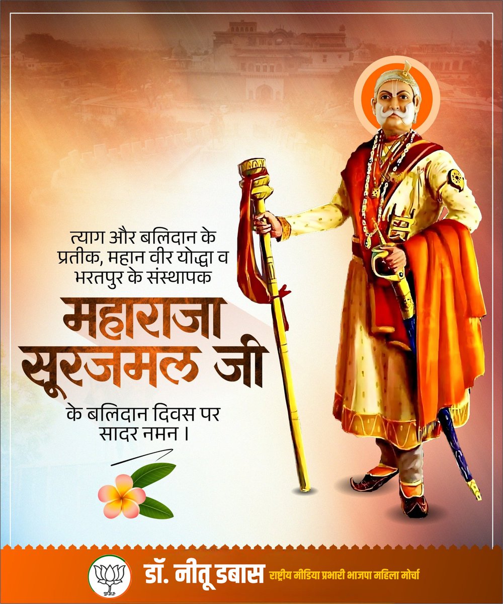 INeetuDabas's tweet photo. अजेय योद्धा ,धर्म रक्षक ,महाराजा सूरजमल जाट जी के बलिदान दिवस पर उन्हें सादर नमन। महाराजा सूरजमल जी केवल एक शासक नहीं थे, वे स्वाभिमान, साहस और धर्मरक्षा के जीवंत प्रतीक थे। उन्होंने तलवार से नहीं, नीति, पराक्रम और राष्ट्रधर्म से इतिहास लिखा। https://t.co/ky0NdFsWlo