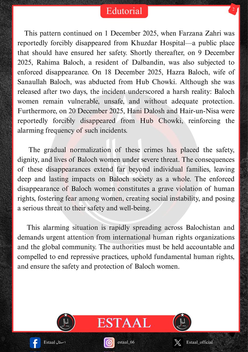 Estaal_official's tweet photo. Baloch Women Under Siege: A Crisis of Abductions and Enforced Disappearances

#SaveBalochWomen
#EndEnforcedDisappearances https://t.co/DQwtERcFP8