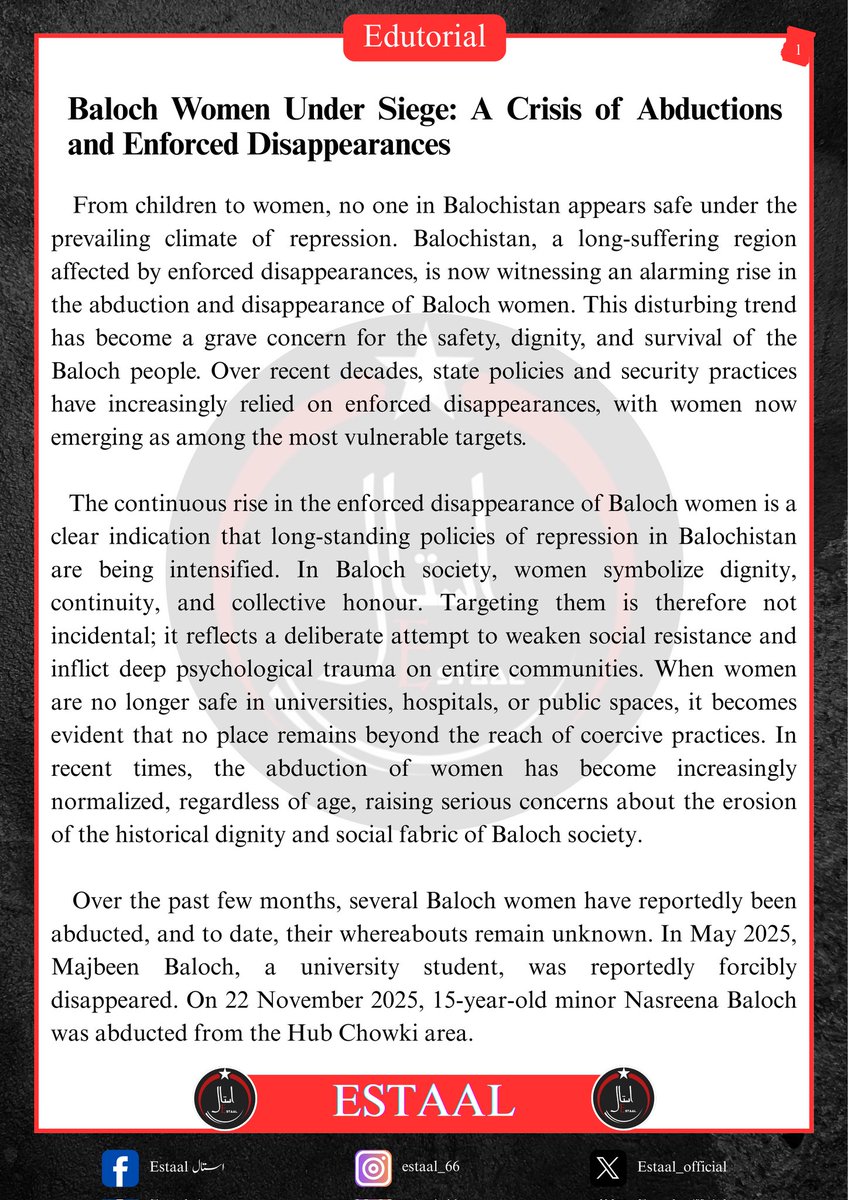 Estaal_official's tweet photo. Baloch Women Under Siege: A Crisis of Abductions and Enforced Disappearances

#SaveBalochWomen
#EndEnforcedDisappearances https://t.co/DQwtERcFP8