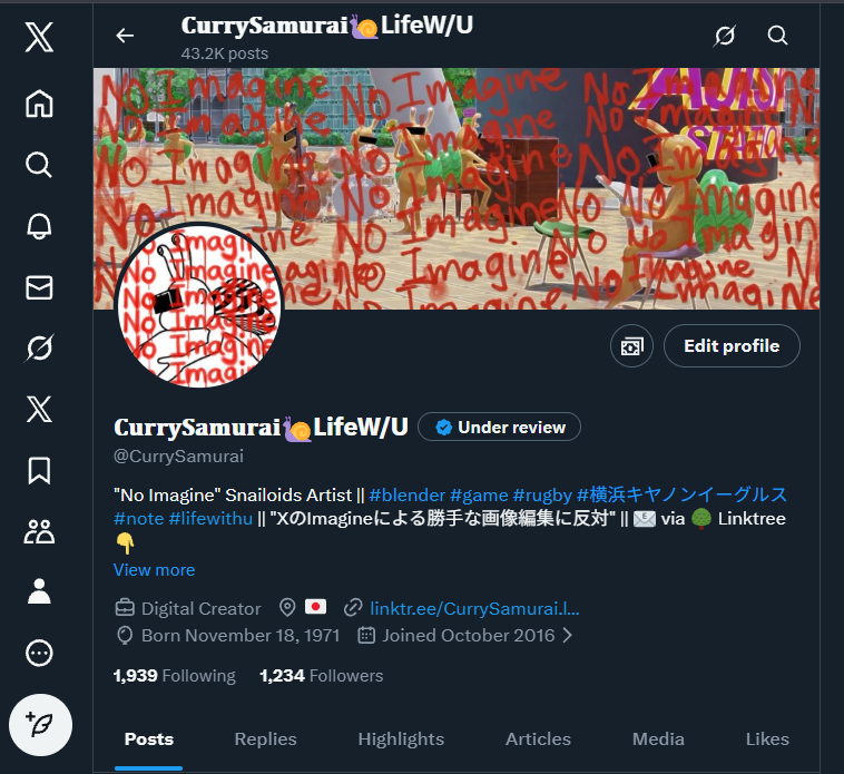 CurrySamurai's tweet photo. Well, this is how I feel about it.
それについての私の思いはコレ。
Used this prompt to my own pfp and banner:
Write "No Imagine" all over it with red paint
以下のプロンプトをプロフとバナーに使ったよ:
Write "No Imagine" all over it with red paint
#NoImagine #grok #voiceofcreators