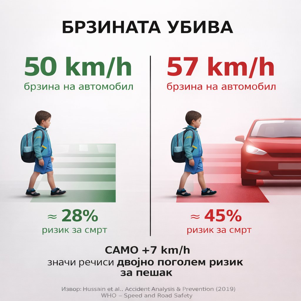 Xpoznat's tweet image. Дали сте ок да бидеме толерантни на  скоро двојно поголема смртност?
Истражувањата покажуваат дека со секое зголемување од 1 км/ч, шансата за смртен исход расте за околу 10–12%.
Затоа неколку км/ч повеќе не се „толерантност“, туку разлика помеѓу живот и смрт.