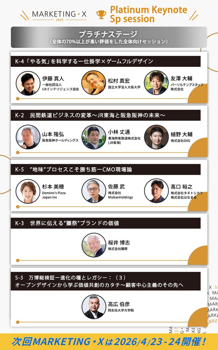 MRX_cfjp's tweet photo. ■MARKETING・X  25  OSAKAプラチナステージ 
先日開催のMARKETING・X  25  OSAKA、全体ステージにおいて特に評価の高かったプログラムを発表いたします。いずれのステージも秀逸な知見と刺激を会全体に与えて頂きました。事務局一同、深く感謝を申し上げます。 #MRX https://t.co/bhrgY4v4w6