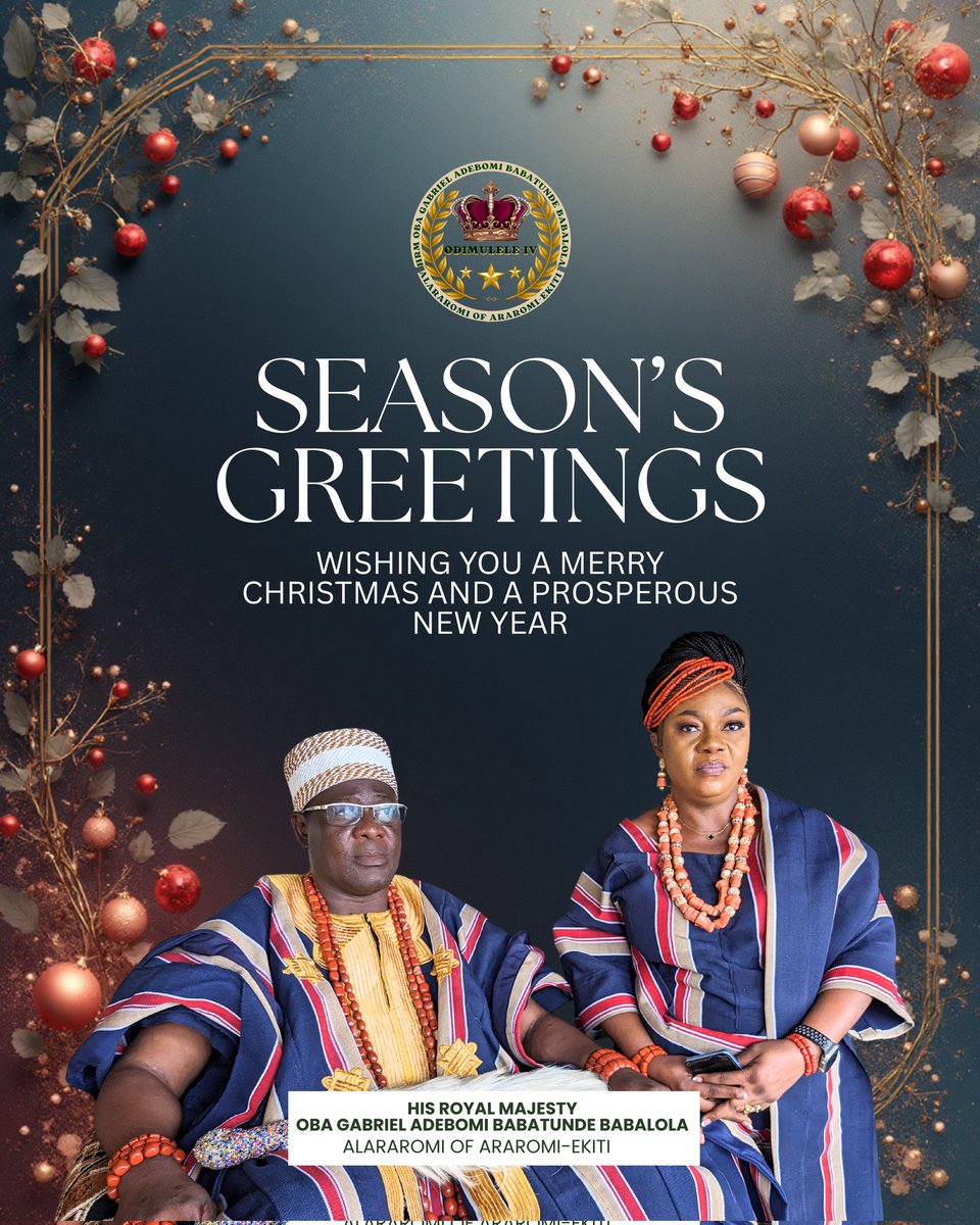 MERRY CHRISTMAS 🎄

My beloved sons and daughters of Araromi-Ekiti, at home and in the diaspora, may this sacred season renew our hope, unity, peace, and commitment to the progress of our town. I pray for good health, divine protection, and abundant blessings for every household.