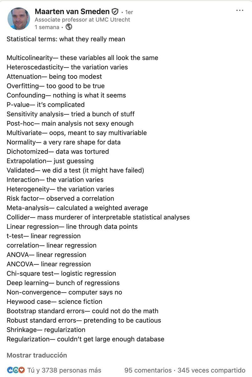 📖 Diccionario honesto de estadística aplicada (versión sin anestesia) 💡
Cuando un concepto no puede explicarse de forma simple, el problema rara vez es el concepto. Es la explicación. 
Post: linkedin.com/posts/maartenv… 

#stats #datascience #analytics #cienciadedatos #estadistica
