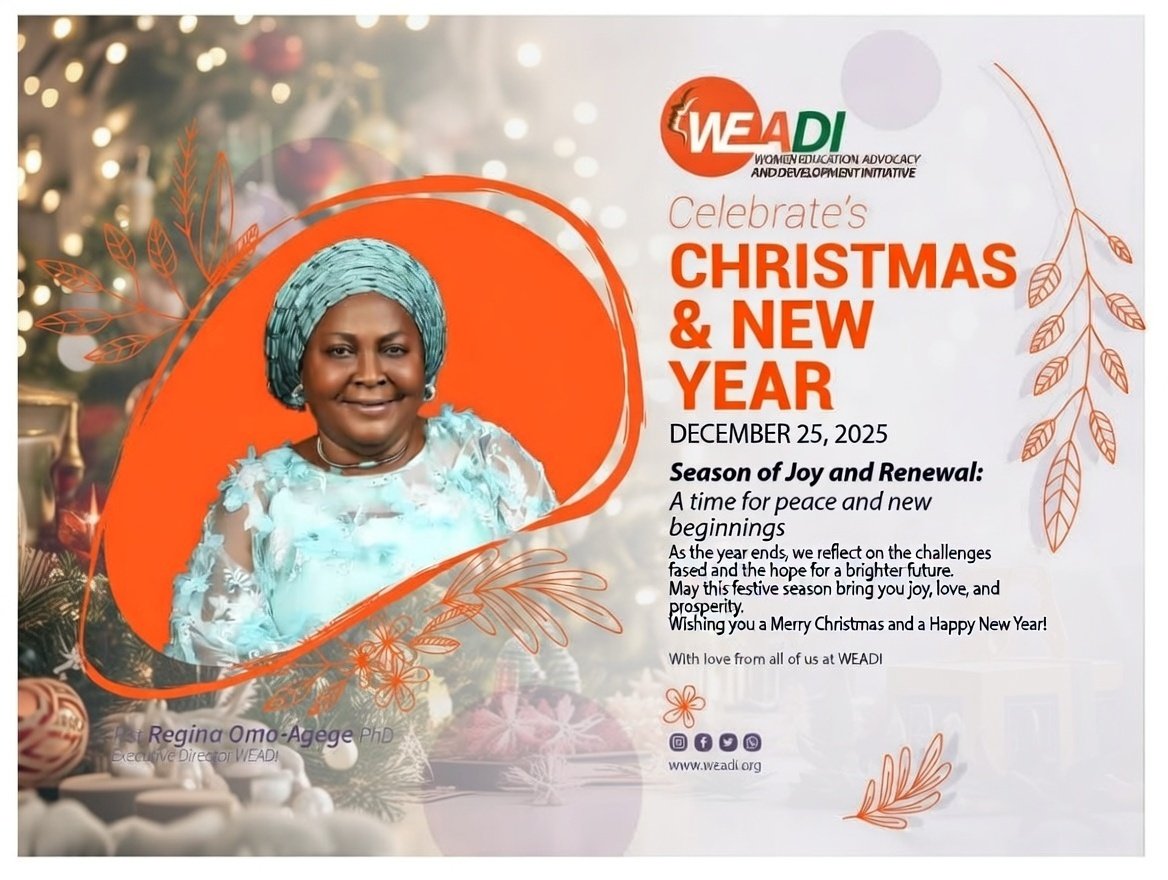 A time for peace and new beginnings. As the year draws to a close, we reflect on the challenges we have faced and hold on to the hope of a brighter future ahead.
Wishing you a Merry Christmas and a Happy New Year.

Pst. Regina Omo-Agege (PhD)