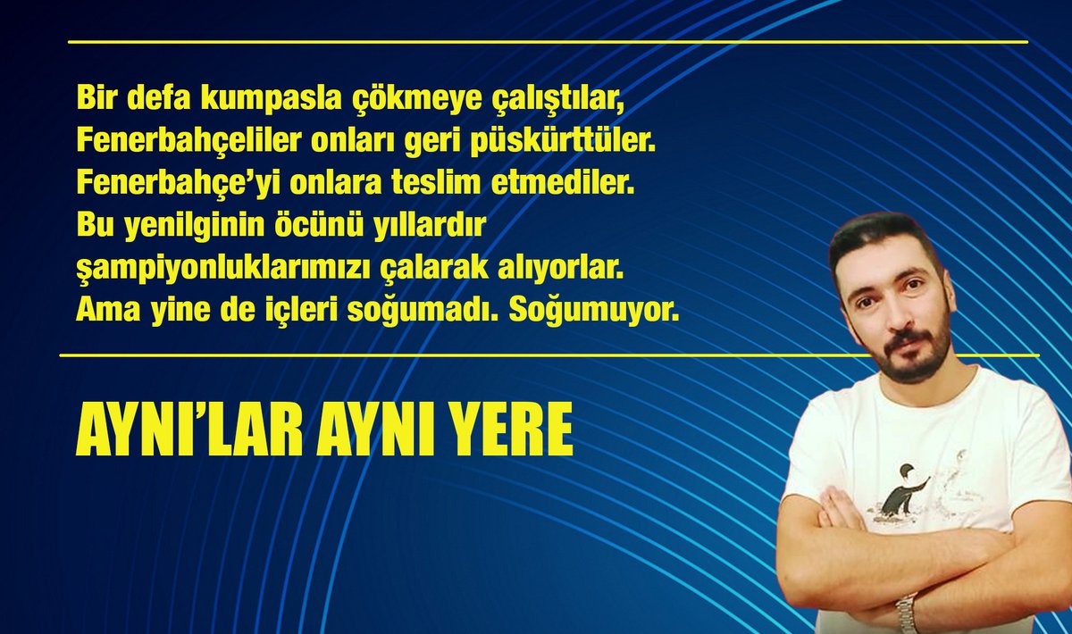 AYNI’LAR AYNI YERE 

✊ 2011’de Fenerbahçe başkanı Aziz Yıldırım şike kumpası ile alınmıştı. Samimi Fenerbahçe taraftarları dışındaki herkes “başkanlığı bıraksın, aklansın gelsin” ve benzeri şeyler söylediler. 

✊ Bugün yine Fenerbahçe başkanı Saadettin Saran başka bir kumpasla